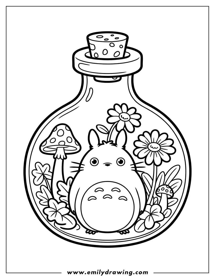 Line art of Totoro inside a glass bottle, surrounded by flowers, mushrooms, and clover, with a cork stopper at the top.