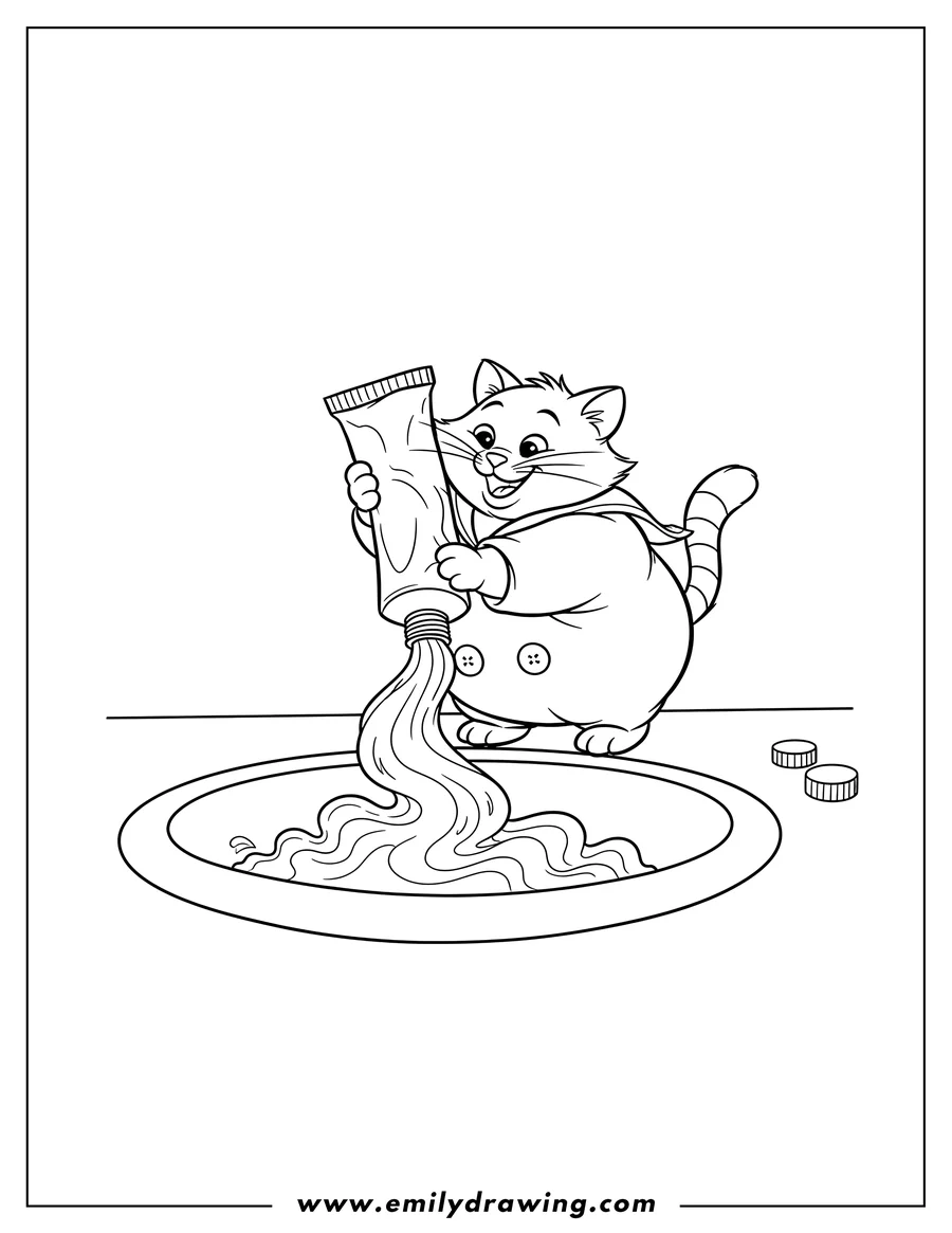 Linear illustration of toulouse squeezing a tube of toothpaste, with the contents spilling onto a surface