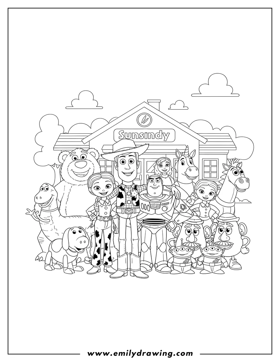 PDF style coloring page: toy Story 3 Scaled, large group of friends standing together