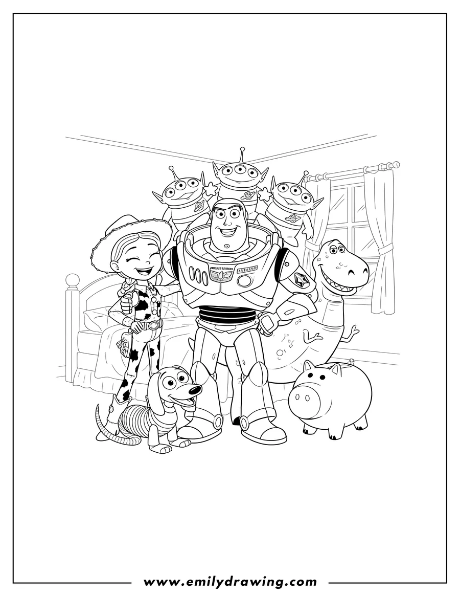 Free to print drawing of toy Story Characters Scaled, a happy group of friends posing together