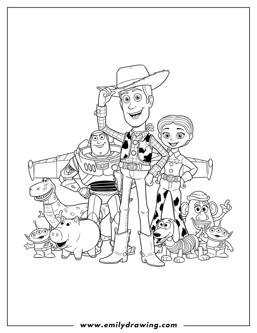 Coloring page for kids: toy Story Woody, Buzz, and Jessie standing with their friends gathered as a group