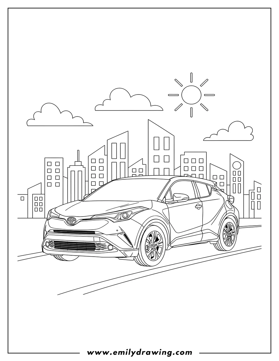 Printable coloring page of A 2022 Toyota C-HR car driving on a road in the city