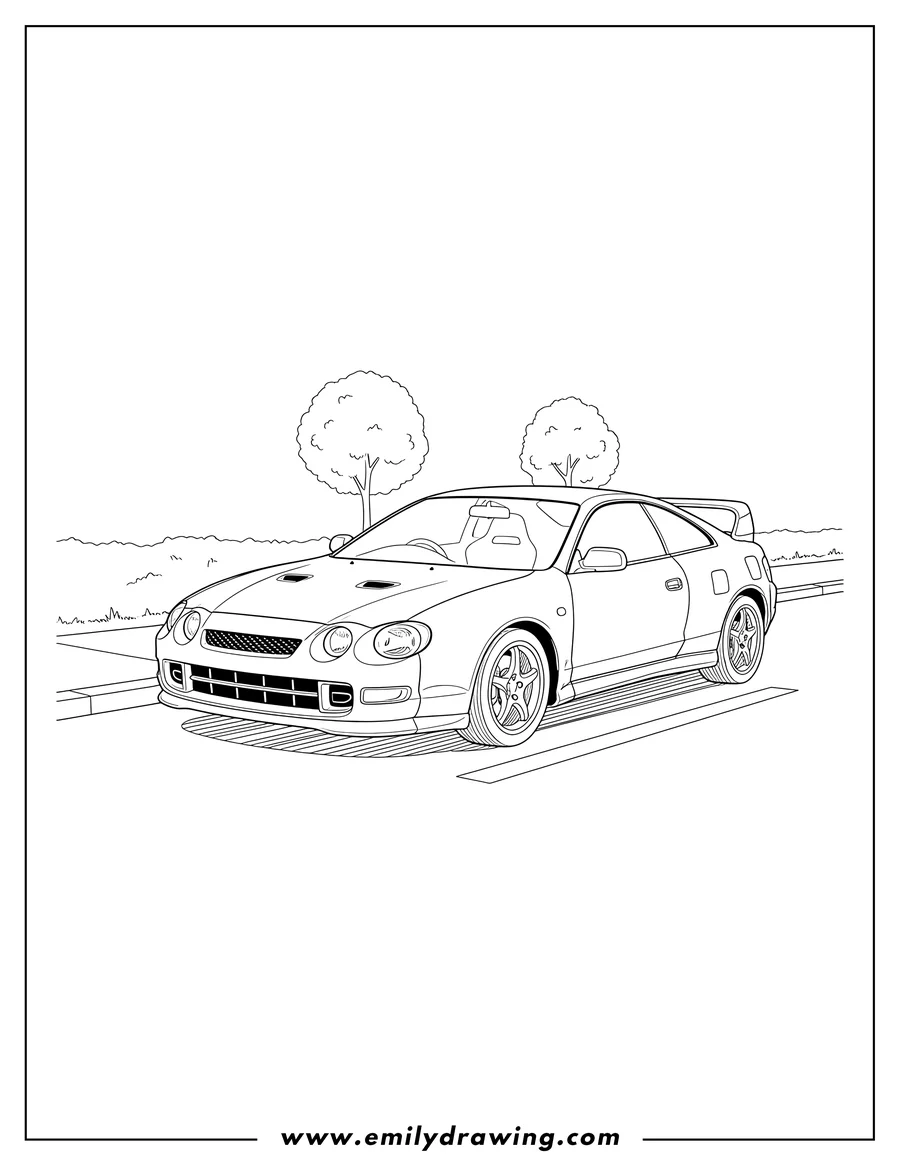 High quality printable toyota Celica Gt Four sports car, front 3/4 view, on a street for coloring