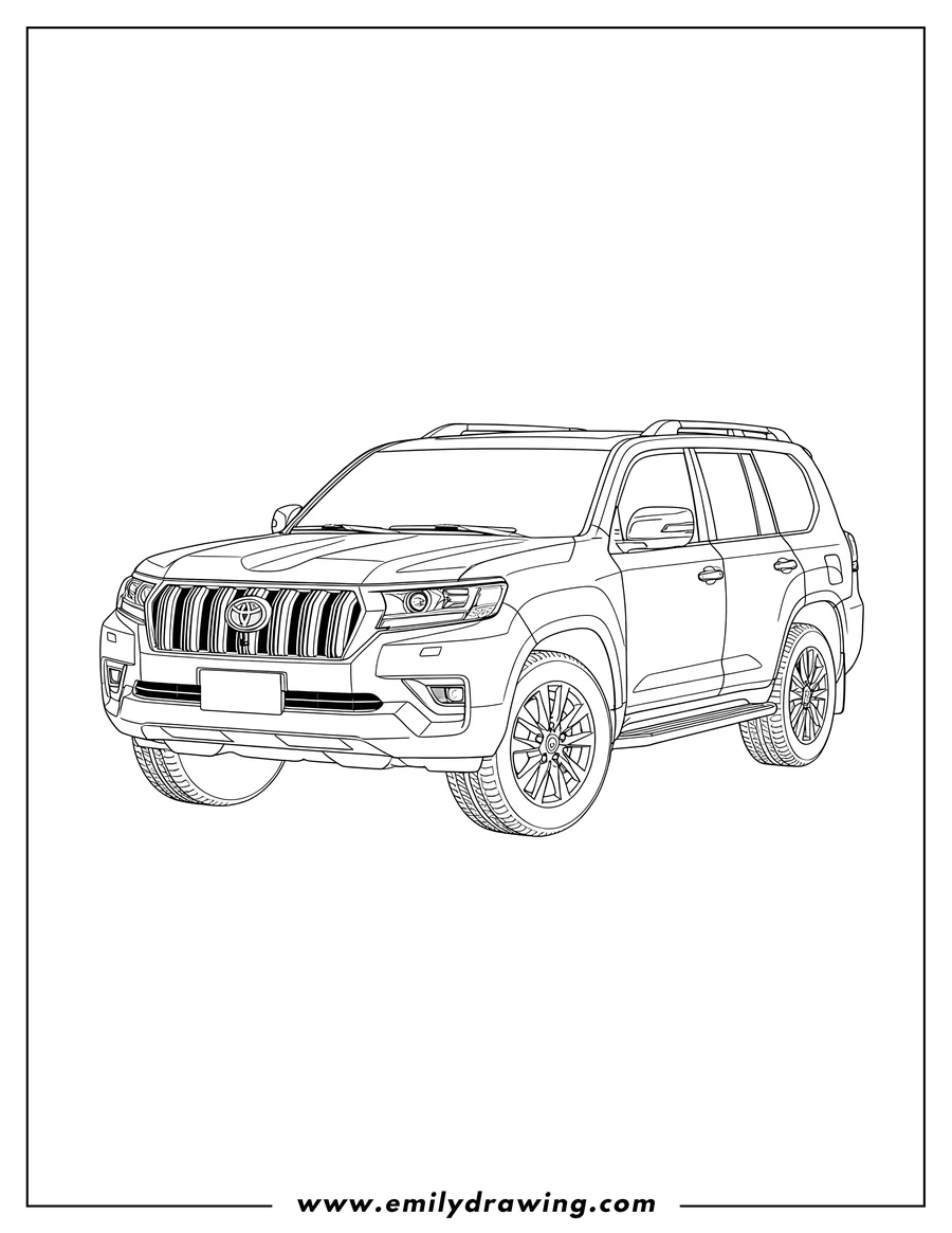 Linear illustration of toyota Land Cruiser 300 Suv, 3/4 front view, with roof rails and detailed wheels