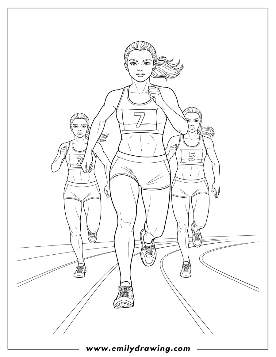 Simple sketch of track And Field Woman Runners sprinting with bib numbers to color