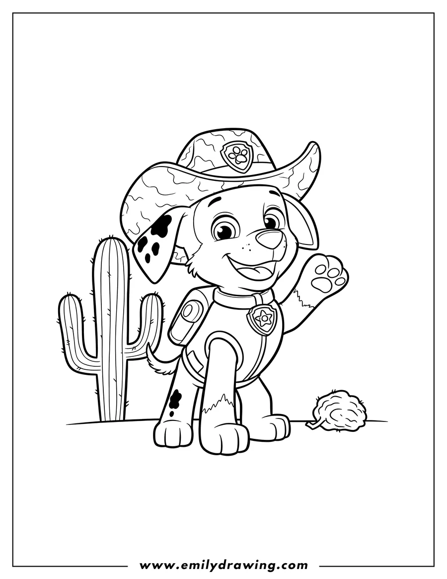 Simple sketch of tracker the puppy wearing a cowboy hat, smiling and standing, To Color Scaled to color