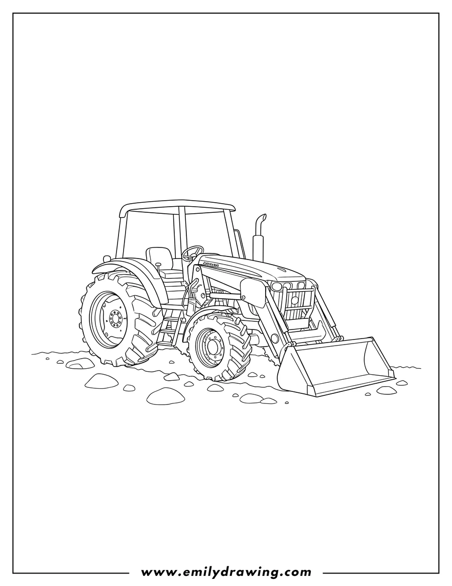 Printable line art of john Deere Tractor with a roll bar, its loader bucket lowered, on rocky terrain