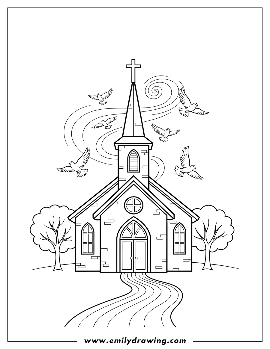 Simple sketch of traditional Church Outline with a steeple and cross, flying birds, trees, and a pathway to color