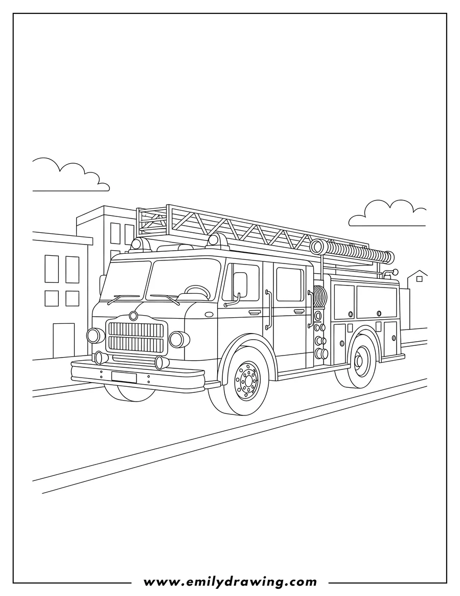Coloring page for kids: traditional Style Fire Truck Scaled driving on a street