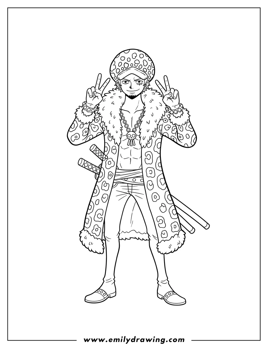 Coloring page for kids: trafalgar D. Water Law wearing a leopard print fur coat, hat, and jewelry, making a peace sign