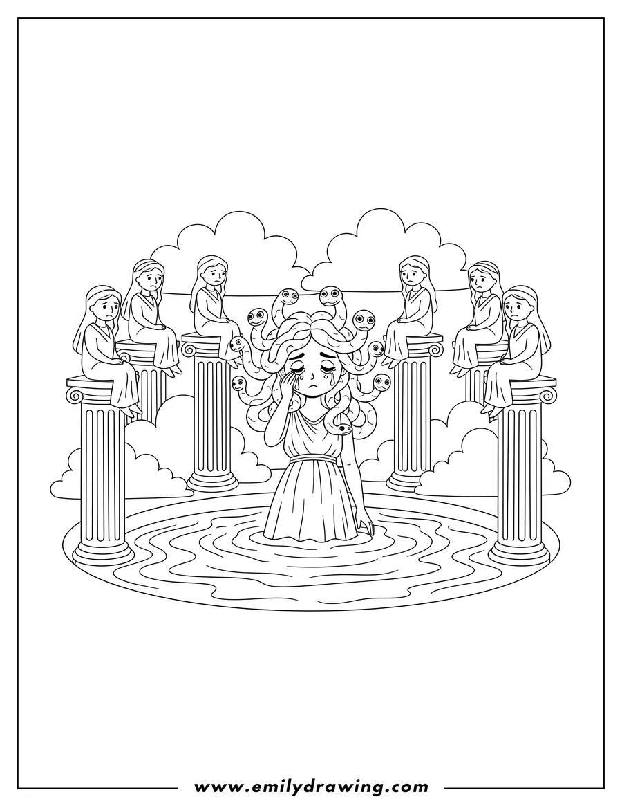 PDF style coloring page: tragic Gorgon Medusa with hand to face, emerging from a pool, surrounded by seated figures on columns and clouds