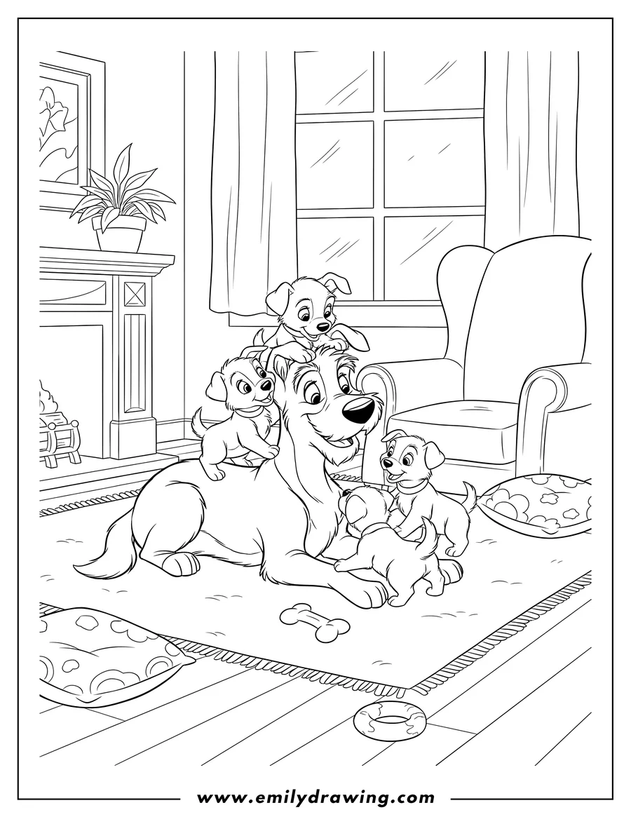 Clean line drawing: tramp with his puppies, one puppy on his head, in a living room