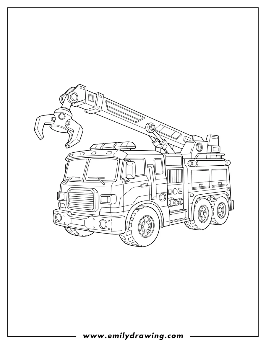 Full page coloring image of transformers Rescue Bots Heatwave in his heavy-duty rescue vehicle mode with a rear arm