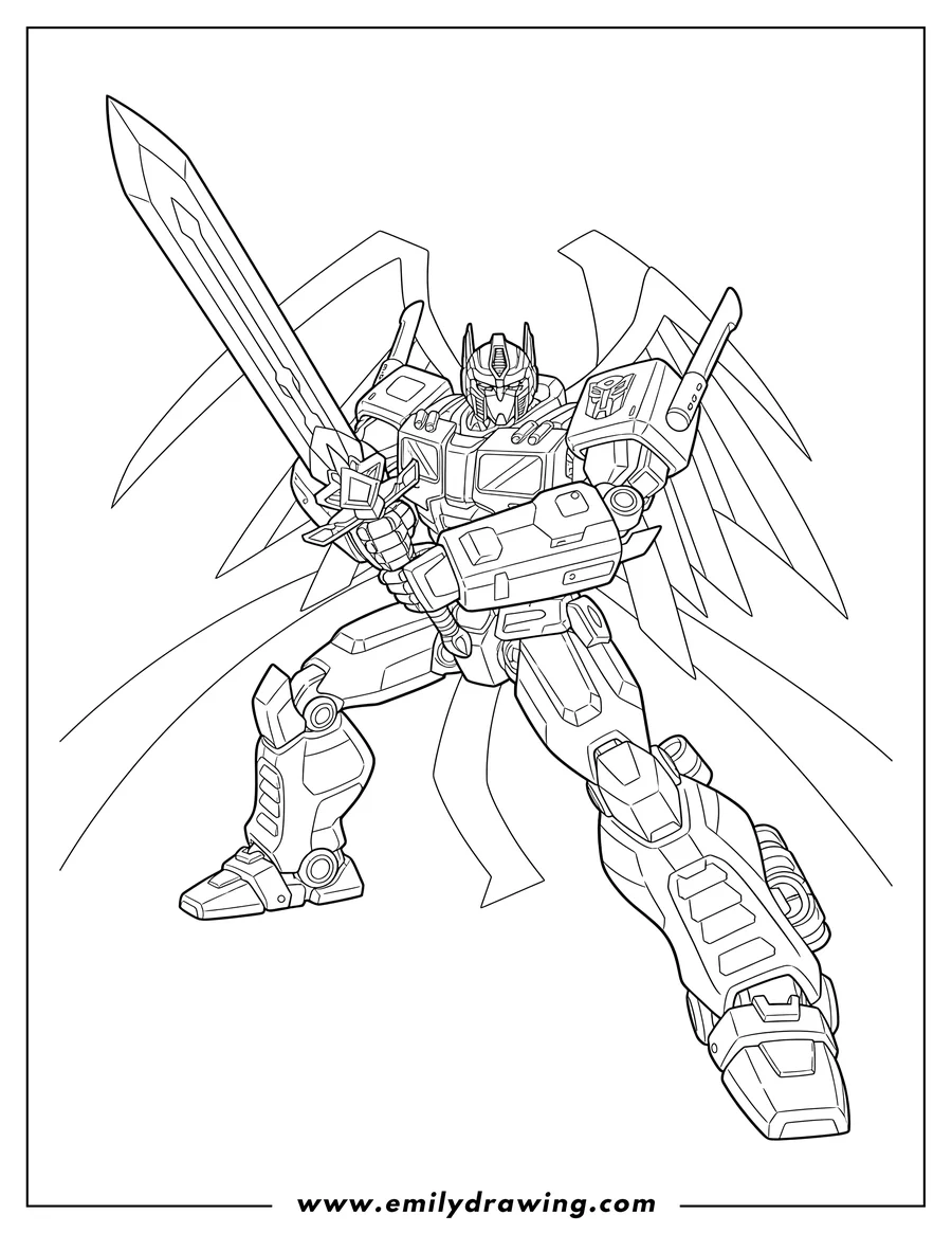 Doodle style coloring picture of transformers Superhero wielding a sword in a dynamic action pose