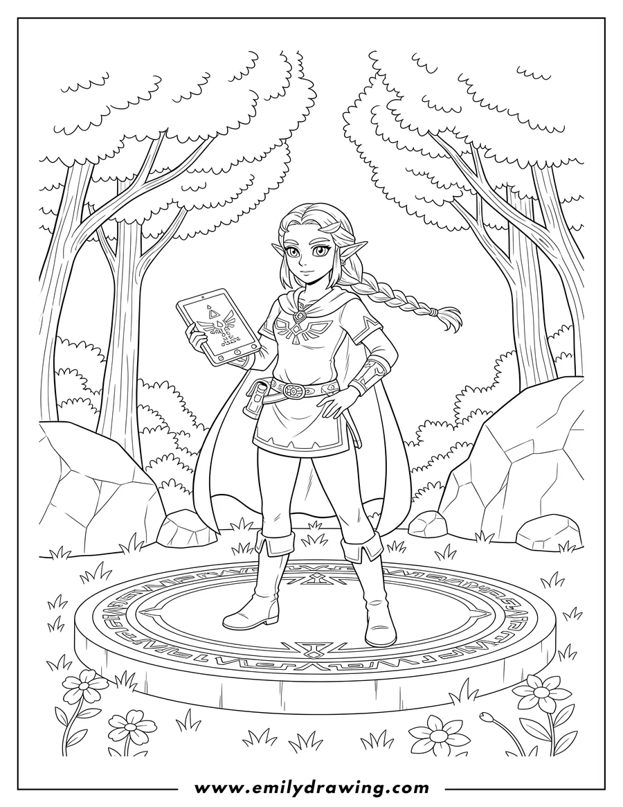 Full page coloring image of traveler Princess Zelda holding a Sheikah Slate and standing on a Sheikah platform in a forest