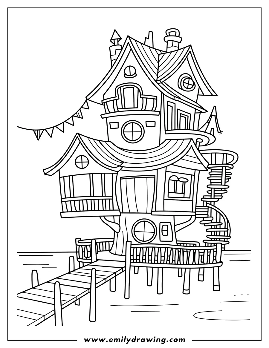 Simple sketch of treehouse to color