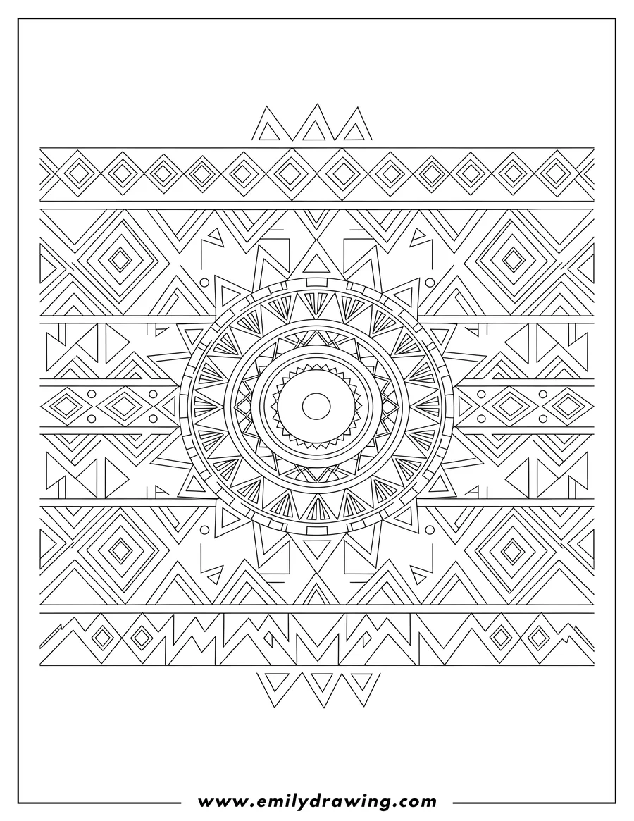 Downloadable coloring page of native American Tribal Print with geometric zigzag and diamond patterns