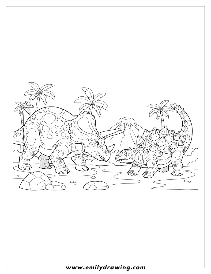 PDF style coloring page: triceratops Fighting An Ankylosaurus, horns and tail club ready