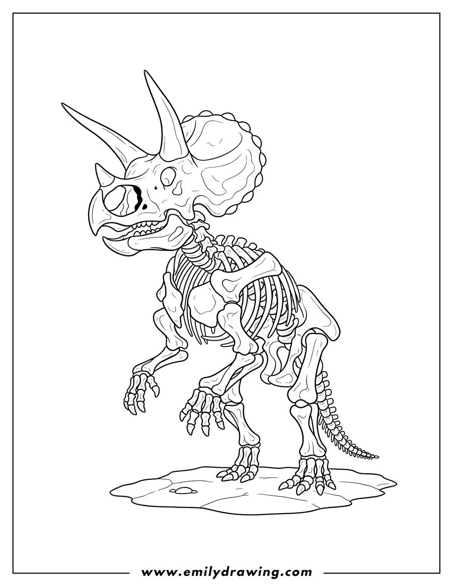 Printable coloring page of triceratops Skeleton Fossil Scaled, standing