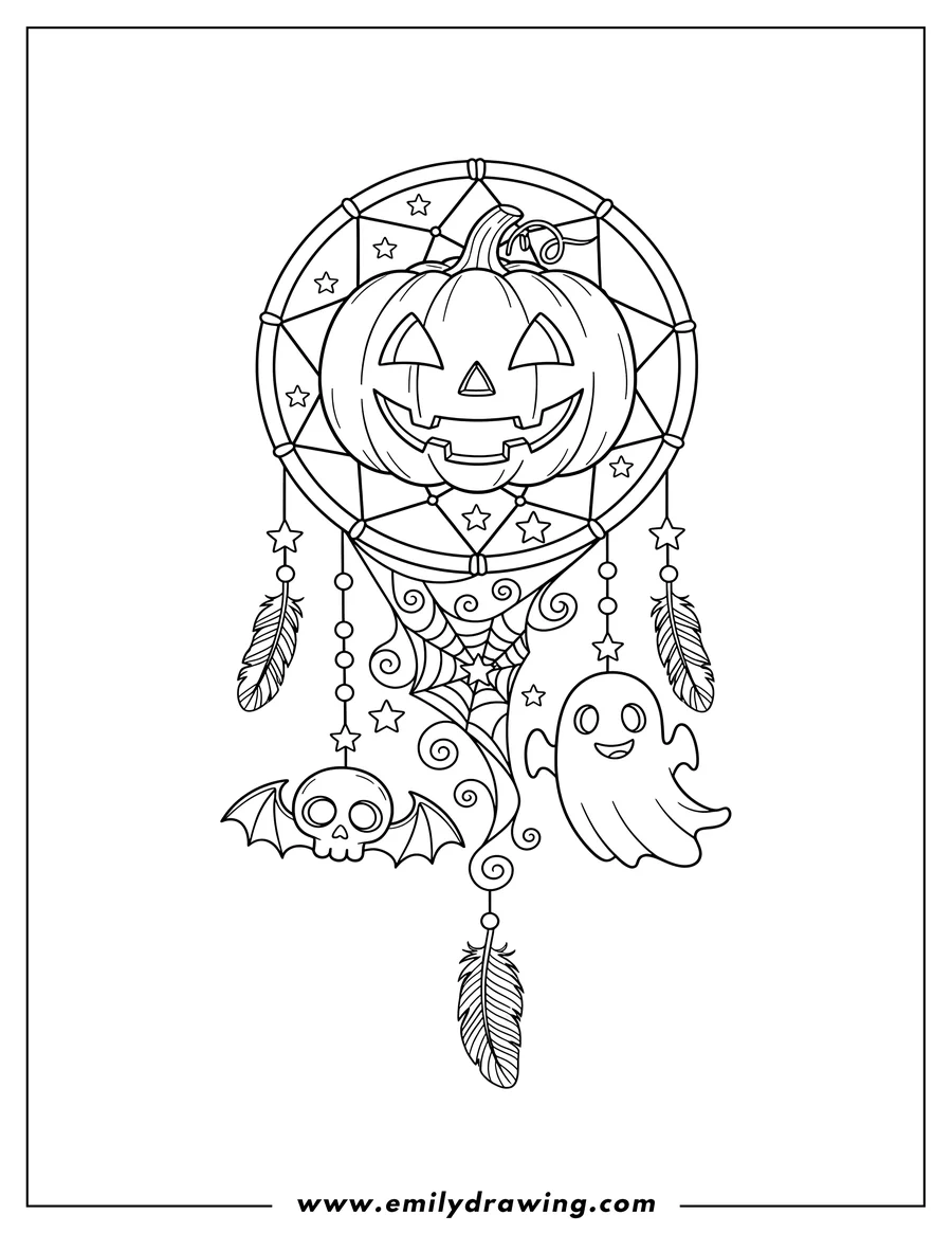 High quality printable trick Or Treat Dreamcatcher With Jack O Lantern, Skull, Bat, Ghost, and Feathers for coloring