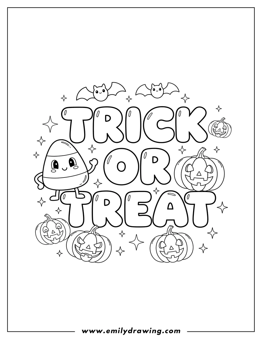 Full page coloring image of trick Or Treat in bubble letters with a Candy Corn With Smiling Face, Pumpkins, Bats, and sparkling stars for Preschoolers