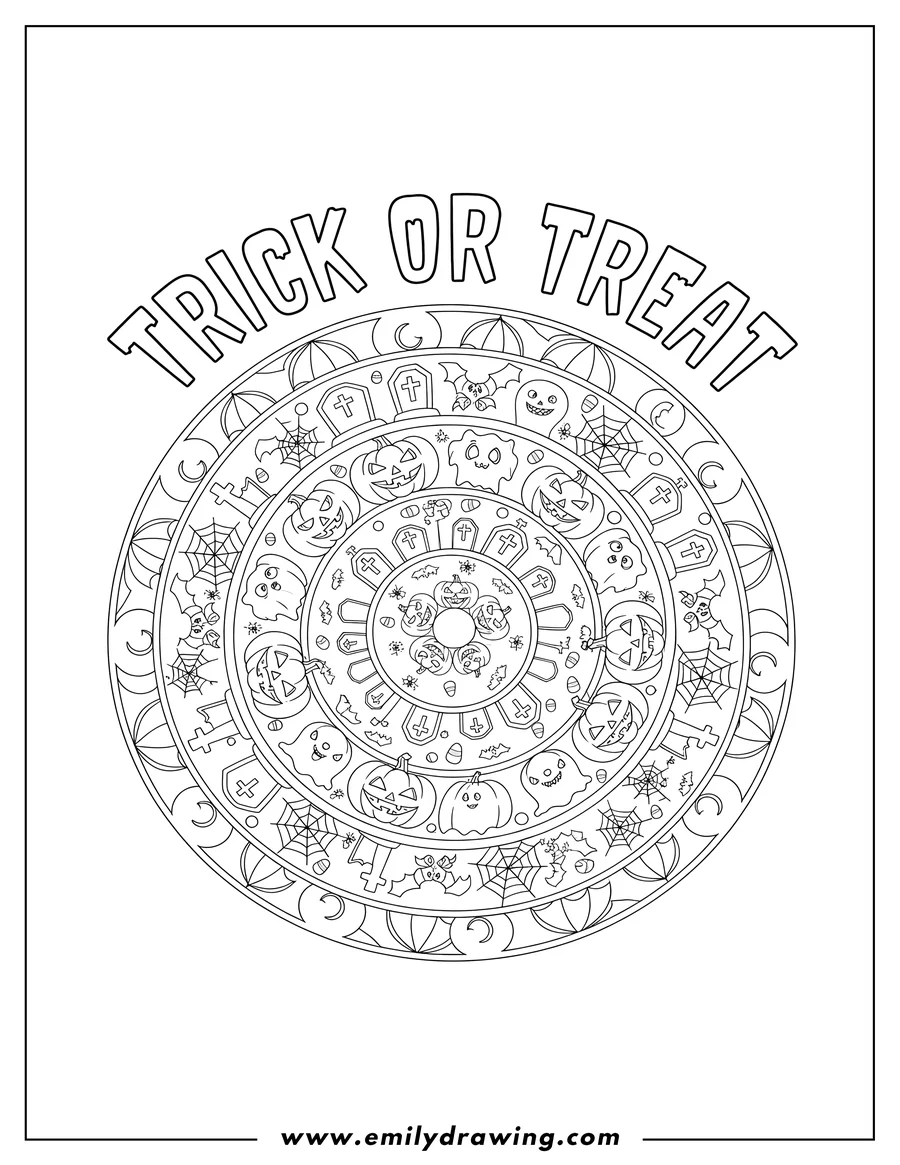 Linear illustration of trick Or Treat Halloween Mandala with TRICK OR TREAT text above, carved pumpkins, and tombstones