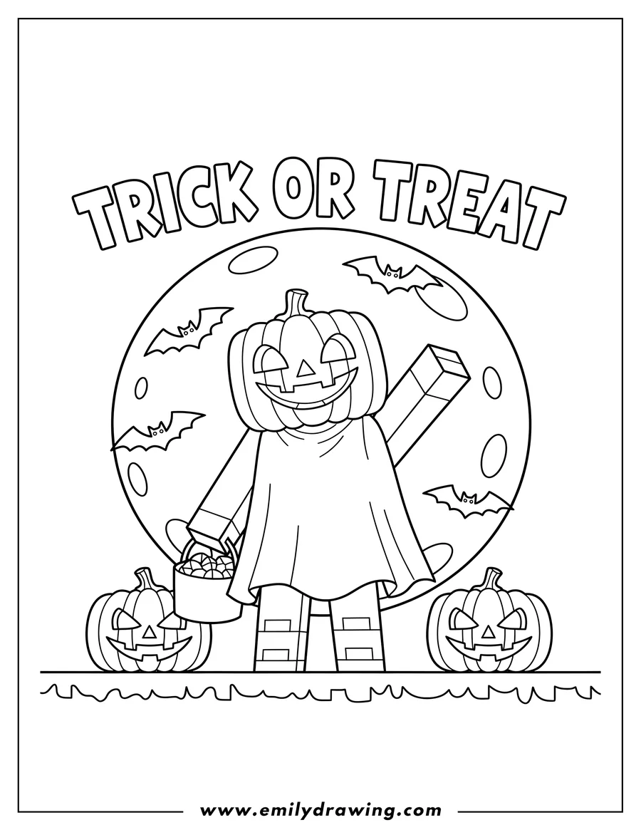 PDF style coloring page: trick Or Treat Minecraft character waving, featuring prominent 'TRICK OR TREAT' text, with Jack O Lanterns and a full moon
