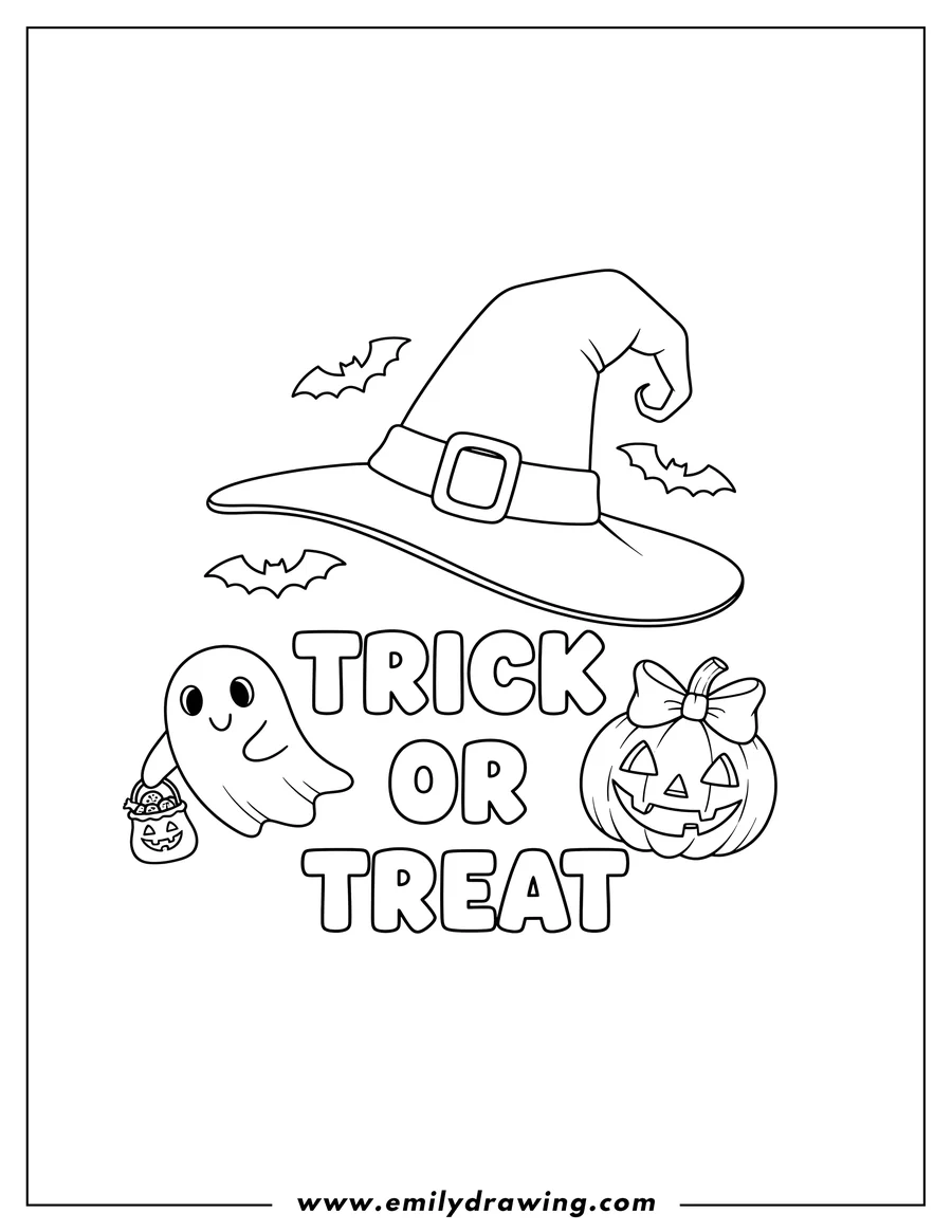 Downloadable coloring page of trick Or Treat Words With Witch's Hat, Ghost, jack-o'-lantern with a bow, and bats