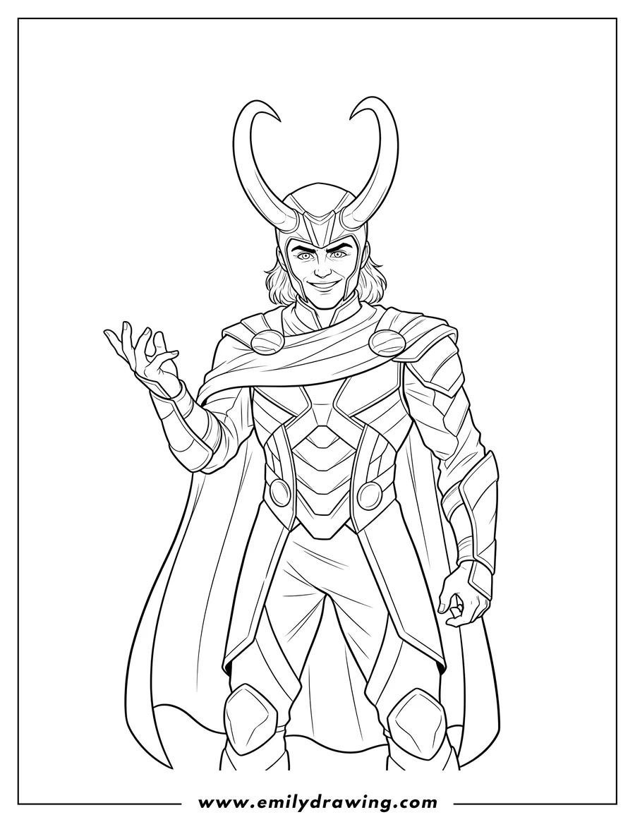 Full page coloring image of trickster Loki in his horned helmet and armored suit, with one hand raised