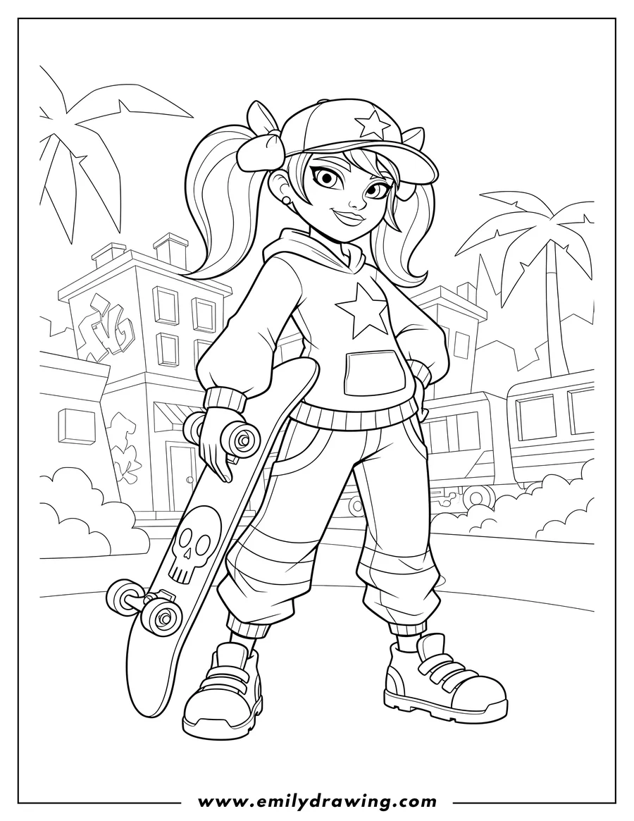 Clean line drawing: A girl from Subway Surfer Tricky City, Tricky standing with her skateboard