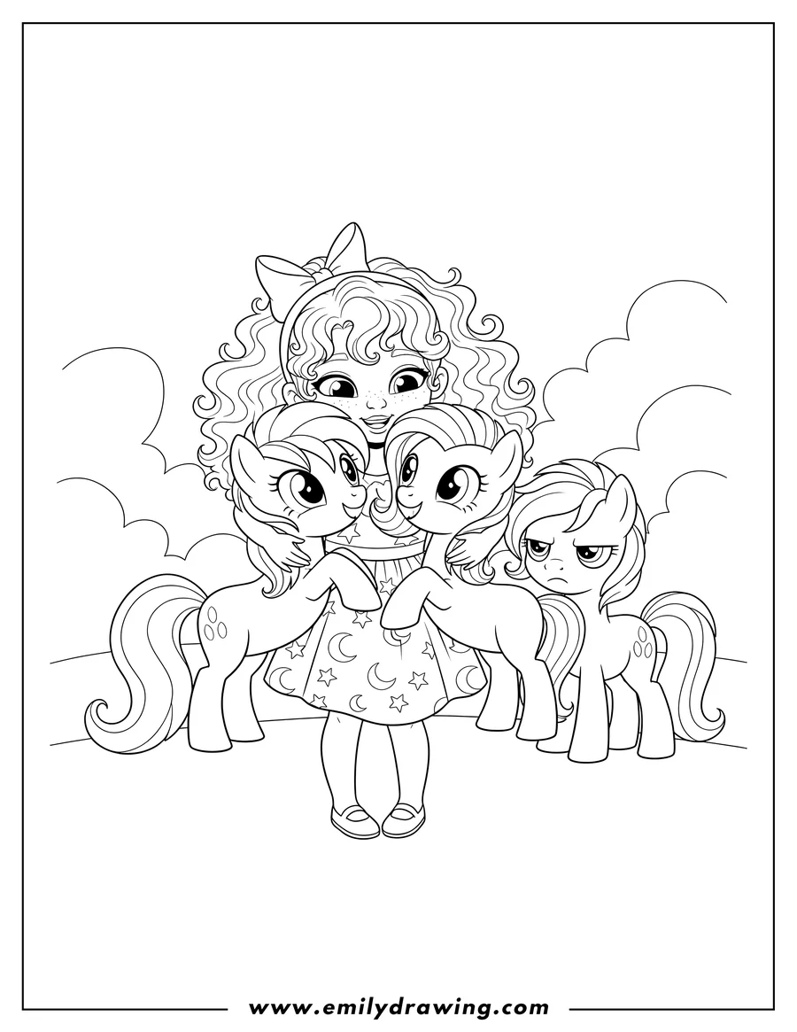 Free to print drawing of trinity Pie hugging, with two ponies smiling and one frowning