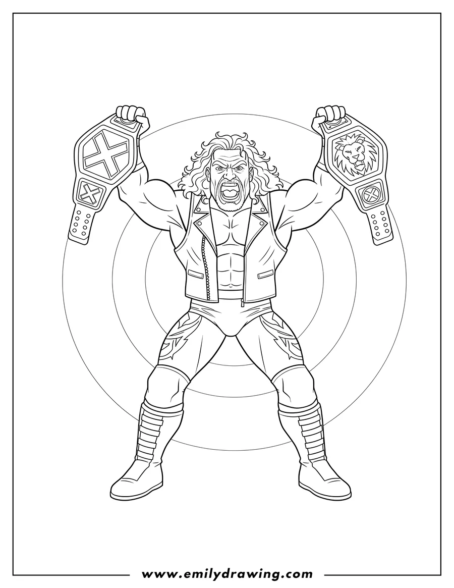 Coloring page of triple H roaring with arms raised, holding two belts To Color