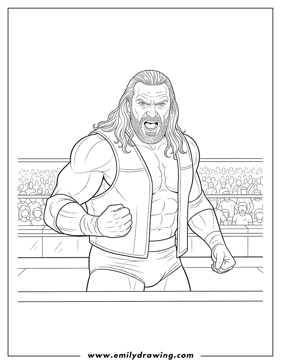 Simple sketch of triple H Wwe Wrestler Ring with long hair and a fierce expression to color