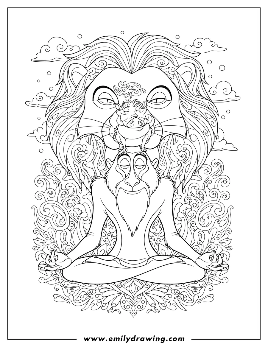 Simple sketch of trippy Disney Lion King coloring page featuring a meditating old man and a small pig to color