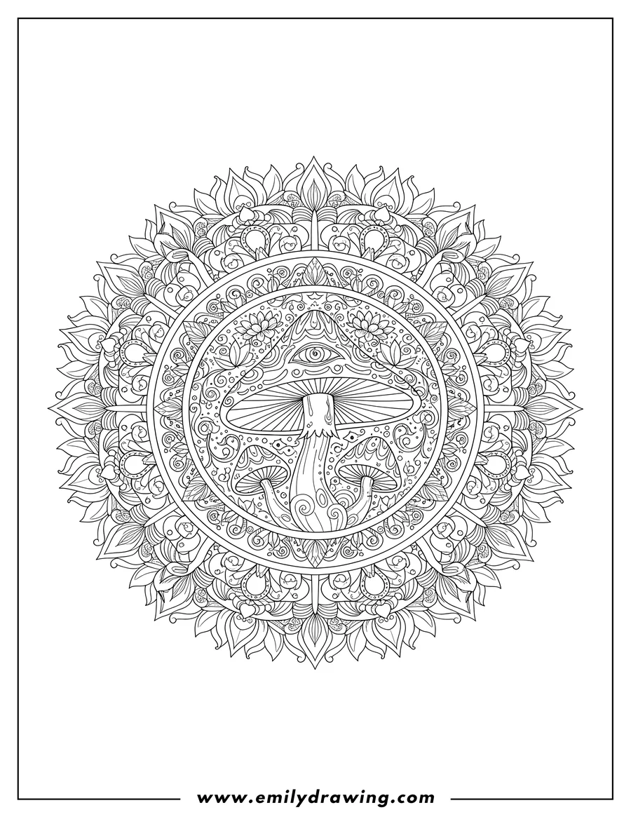 Coloring sheet featuring trippy Mushroom Mandala, intricate symmetrical design with floral and leaf-like patterns