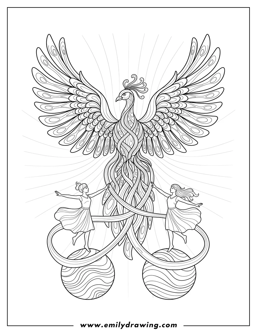 Vector style outline of trippy Wavy Style, a majestic bird and two figures balancing on spheres