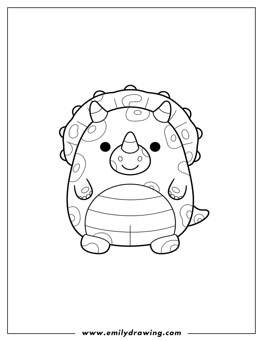 Doodle style coloring picture of tristan Triceratops Squishmallow smiling