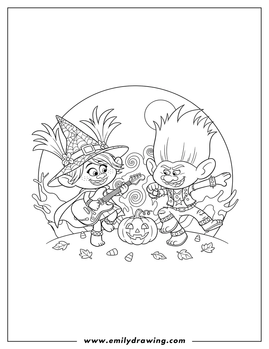 Coloring sheet featuring troll Characters, including Poppy with a guitar and a rock troll, dancing during Halloween with a jack-o'-lantern to color