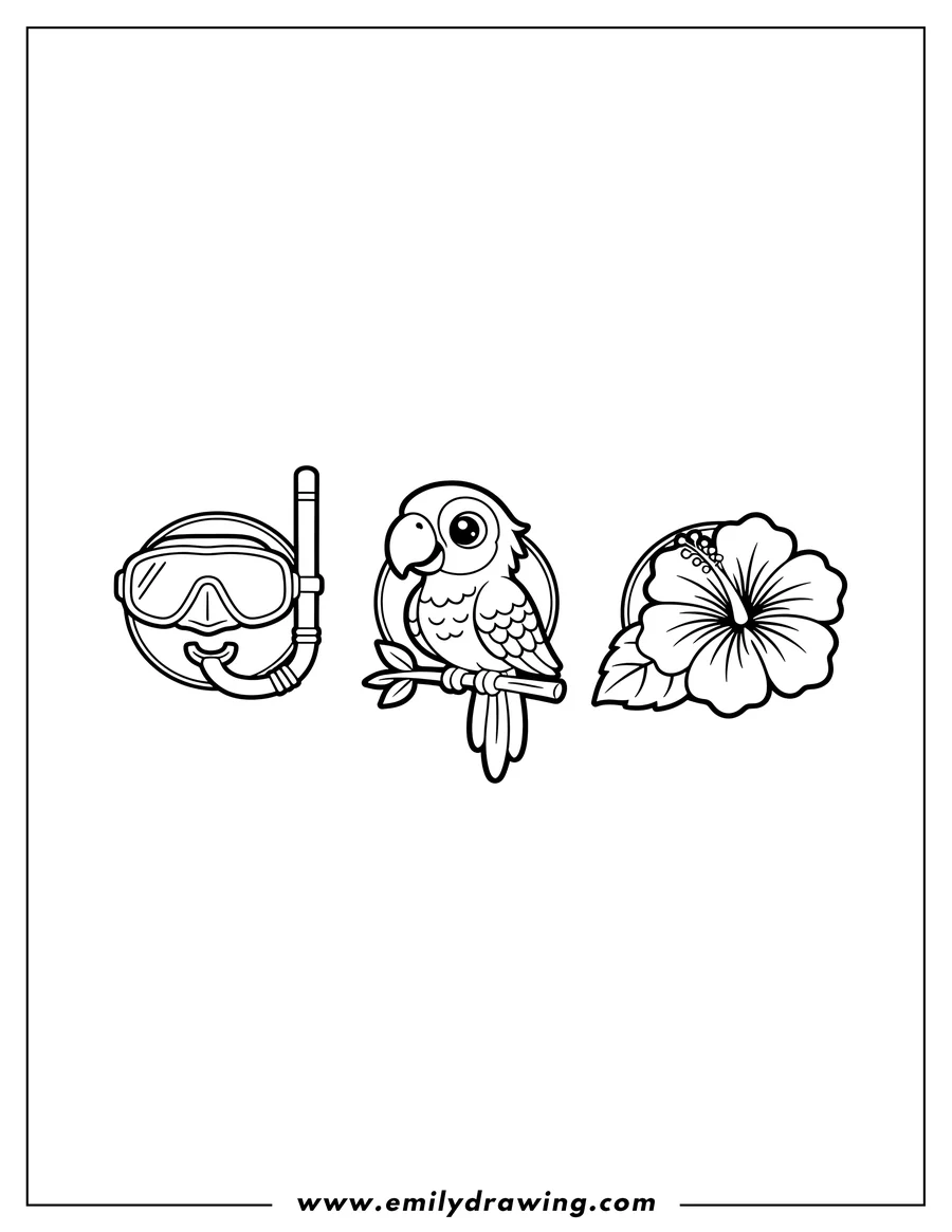 Printable line art of tropical Crocs Jibbitz Charms featuring a parrot, snorkel, and hibiscus flower