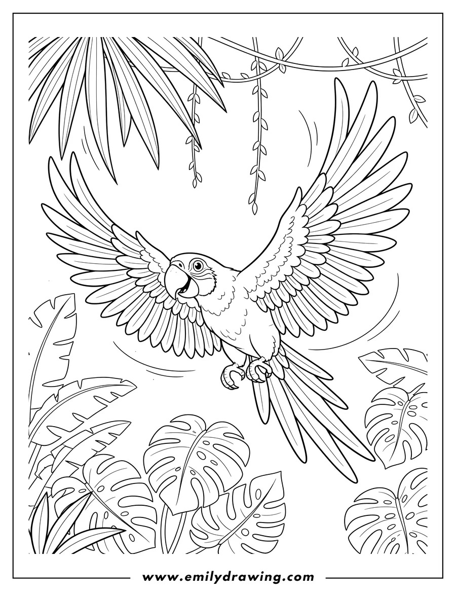 Printable coloring page of tropical Parrot Flying Jungle with wings spread