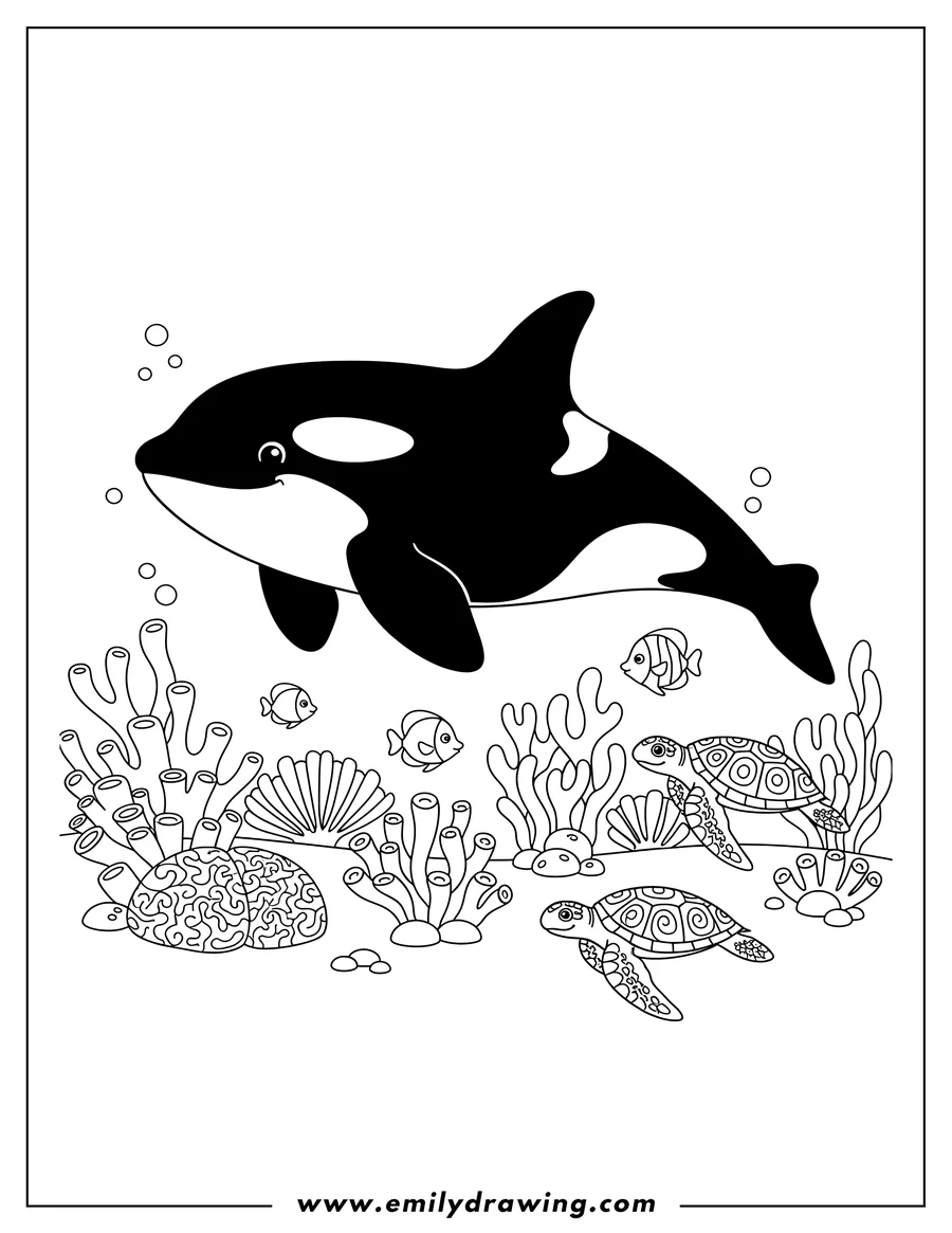 Full page coloring image of tropical Sea Life With Coral, Swimming Black and White Orca, and Turtles