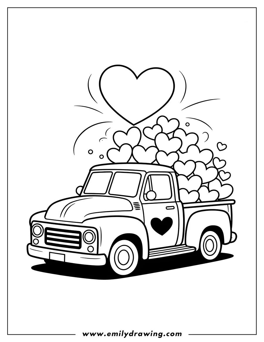 Line art of an old-fashioned pickup truck carrying a bed full of hearts, with a large heart floating above it