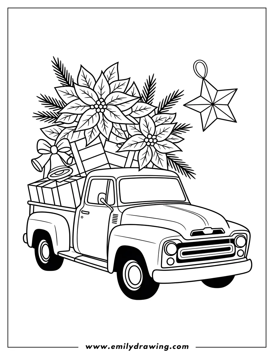 Line art of a vintage pickup truck carrying Christmas gifts and poinsettia flowers in its bed, with a hanging star ornament nearby.