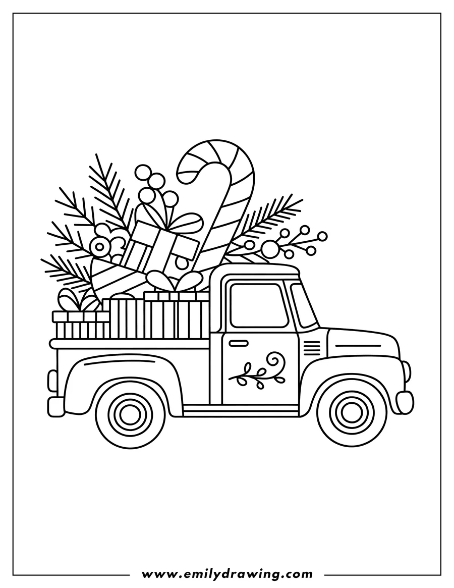 Outline of an old-fashioned pickup truck with a bed full of Christmas presents, pine branches, berries, and a large candy cane