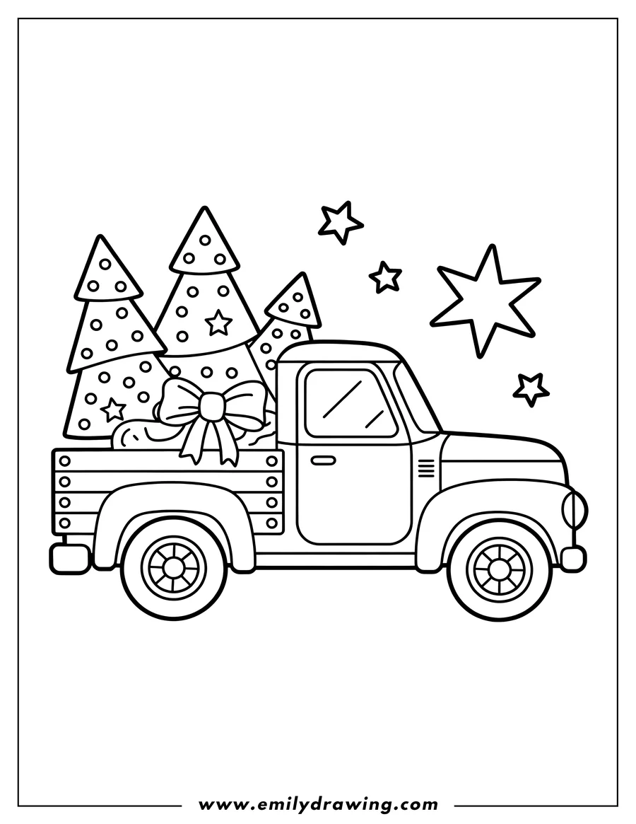 Line art of a vintage-style pickup truck carrying three decorated Christmas trees and a large gift box with a bow in its bed, with several stars floating around it.