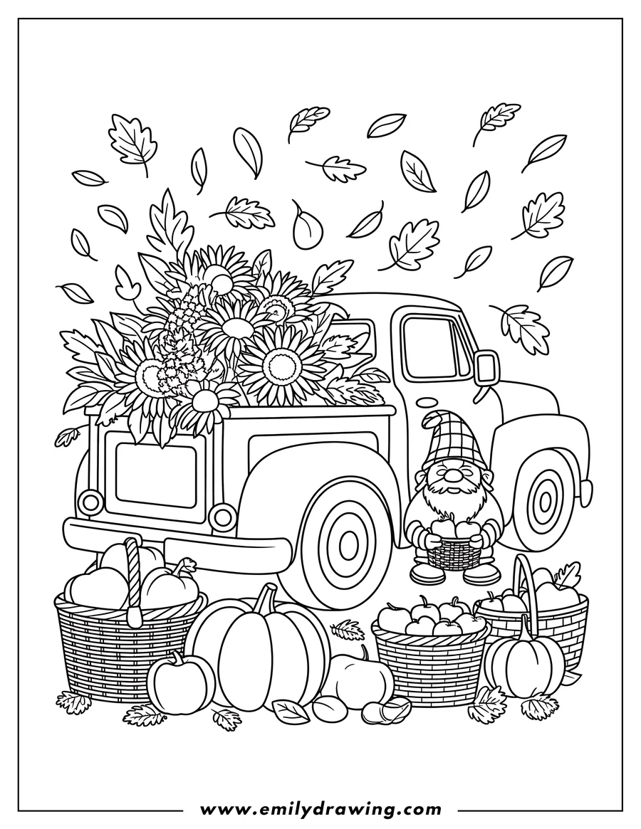 Line art of a vintage pickup truck with a bed full of sunflowers and other flowers, an autumn gnome holding a basket of apples, surrounded by pumpkins, apples in baskets, and falling leaves.