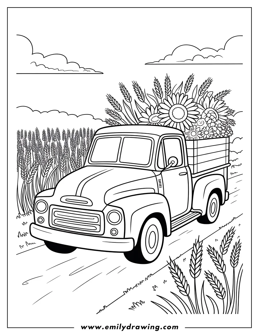 Line art of an old-fashioned pickup truck with a bed full of flowers and wheat stalks, driving through a field of wheat under a cloudy sky.