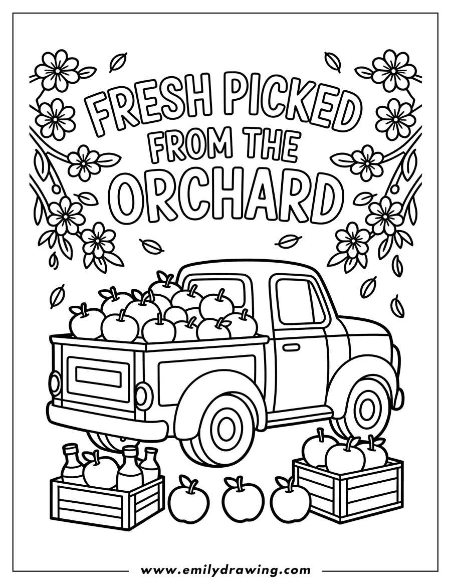 Outline of a vintage-style pickup truck with its bed filled with apples, with additional apples in crates and loose on the ground, and flowering branches framing the top text 'FRESH PICKED FROM THE ORCHARD'.