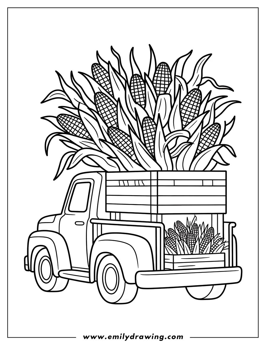 Line art of an old-fashioned pickup truck with its bed overflowing with corn stalks and corn cobs, and a crate of corn in the back.