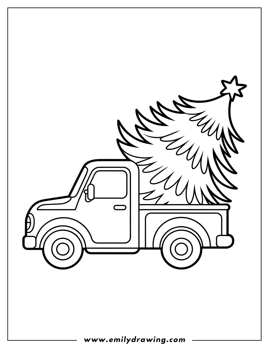 Line art of a pickup truck with a large Christmas tree in its bed, topped with a star